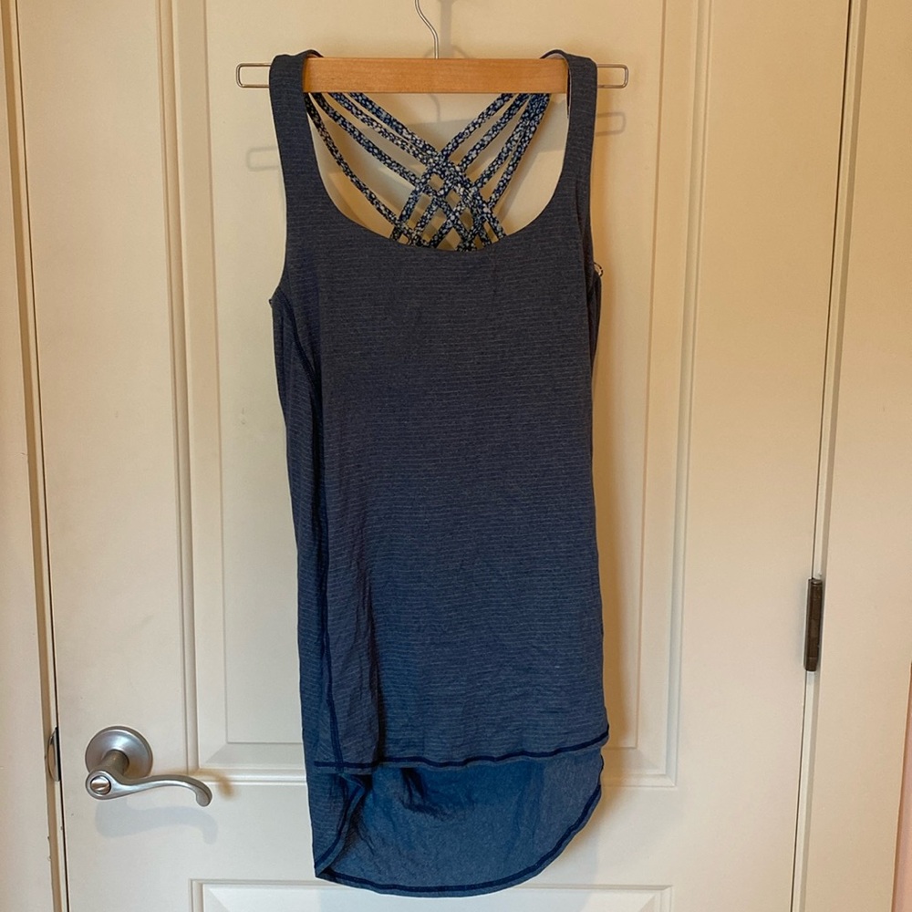 Lululemon grey blue strappy yoga exercise tank with built in bra.